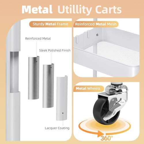KINGRACK 3 Tier Metal Rolling Cart with Drawer, White Utility Storage Cart | 2 Cups & 4 Hooks, Lockable Wheels, Trolley Organizer for Bathroom, Kitchen, Office, Nursery, Dorm, Laundry, Craft Room - Image 4