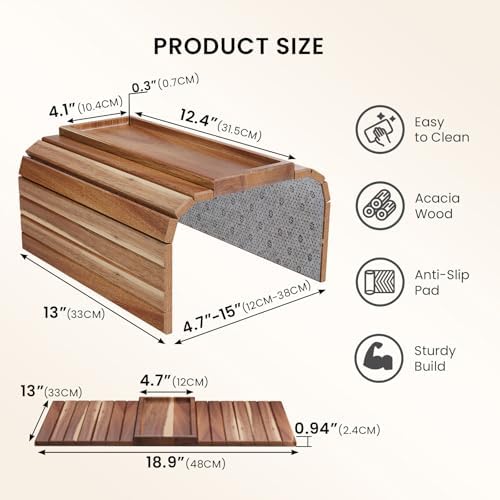 Acacia Wood Folding Sofa Arm Tray with Anti-Slip Pad - Image 6