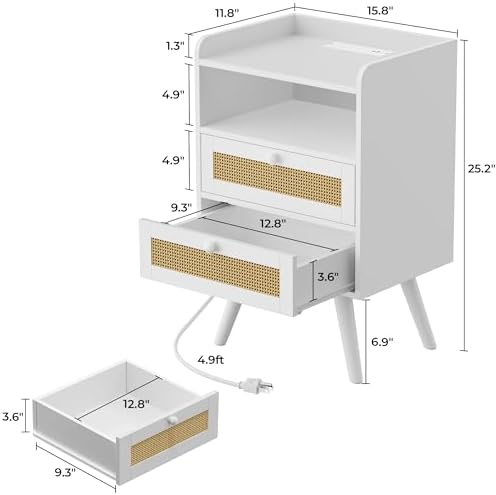 SUPERJARE Night Stand with Charger Station, Boho Rattan Nightstand Set of 2 - Image 3