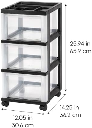 IRIS USA 3-Drawer Rolling Storage Cart, Black/Clear - Image 3