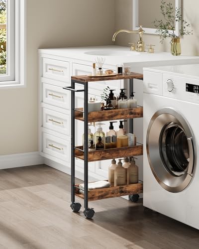 CHOEZON 4-Tier Slim Storage Cart, 7.1'' Kitchen Serving Trolley, Slim Rolling Cart with Handle and Guard Rails, Slim Cabinet for Small Spaces, for Dining Room, Rustic Brown and Black TTC02BF - Image 2