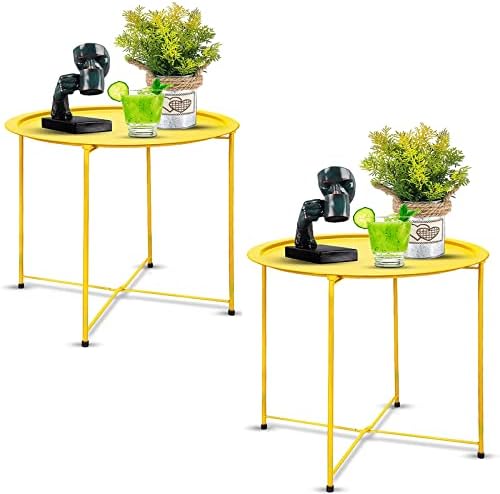 Garden 4 you End Table 2 PCS Metal Side Table Yellow Round Folding Tray Cyan Sofa Small Accent Fold-able Table, Round End Table Tray, Next to Sofa Table, Snack Table for Living Room and Bed Room by Garden4you