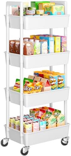 Pipishell 4 Tier Rolling Cart Organizer, Plastic Rolling Cart with Lockable Wheels & Reinforced Handle, Lightweight Utility Storage Cart for Nursery, Kitchen, Craft Room, White by Pipishell