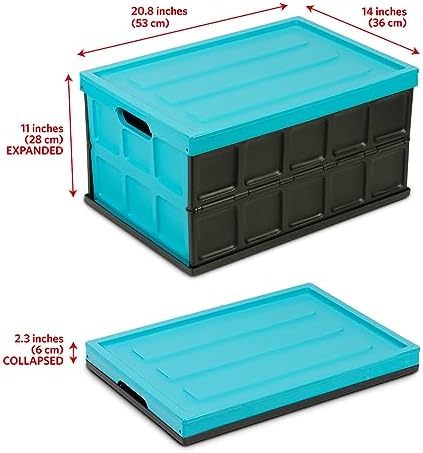 Glad Collapsible Storage Bin with Lid - 48L Foldable Plastic Box for Garage, Car Trunk, and Organization - Stackable Lidded Container with Handles, Turquoise - Image 2