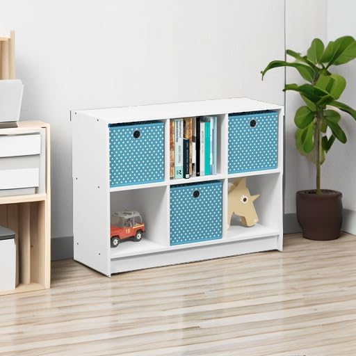 Furinno BASIC Book Shelf, 6-Cube Bookshelf with Open Shelf, 3 x 2 Bookcase with Storage Bins, Closed Back, Horizontal, 11.9 x 31.6 x 23.6, for Living Room, Bedroom, Home Office, White/Light Blue - Image 5