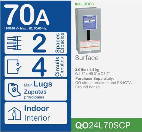 Square D - QO24L70SCP QO 70-Amp 2-Space 4-Circuit Indoor Main Lugs Load Center with Surface Mount Cover - Image 5