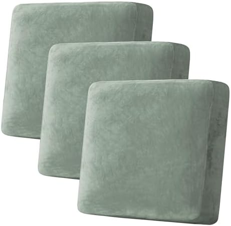 H.VERSAILTEX Velvet Stretch Couch Cushion Cover Plush Cushion Slipcover for Chair Loveseat Sofa Cushion Furniture Protector Seat Cushion Sofa Cover (3 Piece XL Sofa Cushion Covers, Sea Grass) by HVERSAILTEX