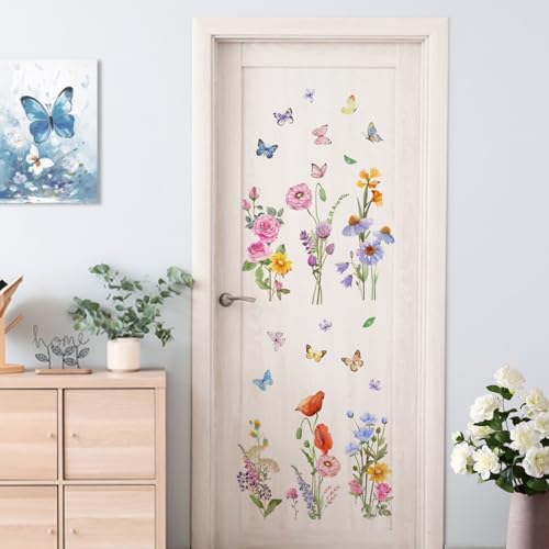 Yovkky Watercolor Wildflower Wall Decals Stickers, Rose Poppy Flowers | Butterfly Home Girls Bedroom Decor, Spring Summer Floral Living Room Kitchen Decorations Art - Image 5