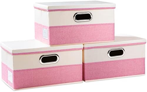PRANDOM Collapsible Storage Bin with Lid [3-Pack] Fabric Foldable Storage Box Organizer Container Basket Cube with Cover for Home Bedroom Closet Office Nursery Pink&Cream(14.9x9.8x9.8) by Prandom