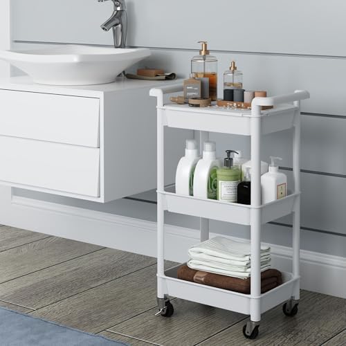 Steehoom 3-Tier Utility Rolling Cart with Cover Top Board, Mobile Utility Cart with Lockable Casters Multi-Functional Storage Trolley for Office, Bathroom, Kitchen, Garden, Laundry Room (White) - Image 6