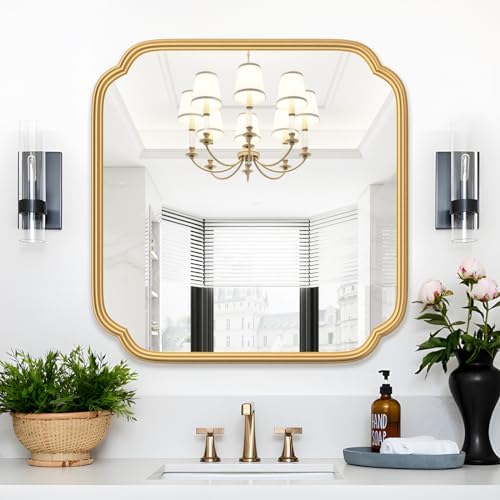 Ferytange Gold Bathroom Mirror for Wall 24" x 24" Modern Rounded Corner Square Mirror with Non-Rusting Iron Metal Framed Bathroom Vanity Mirror for Over Sink Wall Decor Horizontal/Vertical by FerytangeHome