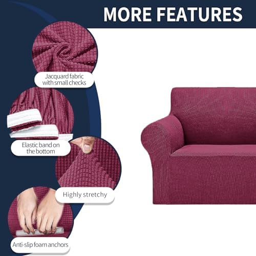 Cupuamon 2026 New Stretch Chair Sofa Slipcovers Couch Cover for 1 Seater Furniture Protector Sofa Covers with Elastic Bottom Jacquard Fabric Small Checks for Pets, Kids - Wine - Image 4