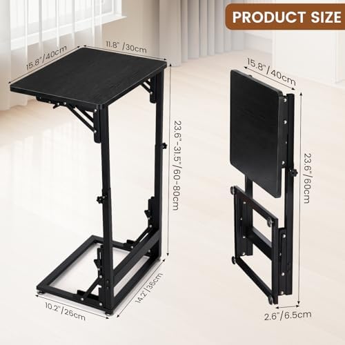 Folding Side Table, Adjustable C-Shaped End Table for Couch, Metal Frame TV Tray Table for Sofa Living Bedroom Bedside Coffee Small Spaces (Black, 15.8" L x 11.8" W) - Image 2