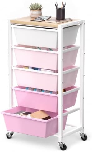 Rolling Cart with 5 Drawers, Plastic Drawer Storage Carts with Wheels & Wooden Tabletop, Metal Utility Cart for Office Bedroom Living Room Classroom, Craft Organization and Storage, Pink by TimeForest