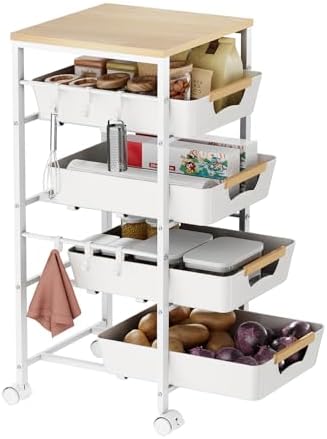 5-Tier Kitchen Storage Cart, Wood Top Rolling Cart Organizer with Pull-Out Baskets & Wheels, Metal Snack Cart with Holder for Fruit, Vegetable, Microwave, Kitchen, Pantry, White by Landmok