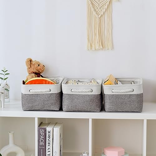 TheWarmHome Storage Bins for Shelves - 13.8L×9.8W×6.7H inch 3 Pack Medium Collapsible Storage Baskets for Organizing | Fabric Storage Cubes for Linen Closet Toy Home (White&Grey) - Image 2
