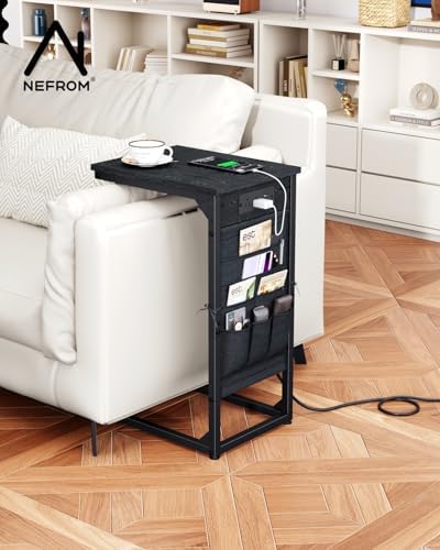 C-Shaped End Table with Fast-Charging Station, Small Couch Side Table with Storage Bag, Sofa TV Tray Table for Living Room, Bedroom, Bedside ET-BK-1 - Image 6