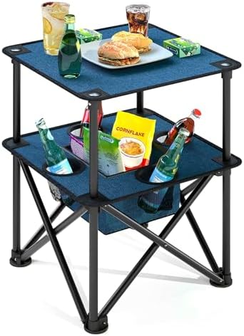 Folding Camping Table, Portable Outdoor Picnic Table, Lightweight Square Camp Table with Built-in 4 Cup Holders Food Basket and Travel Bag for Barbeque Beach Camping and Tailgate Blue by ArmorCastle