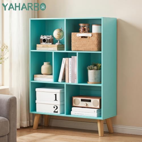 YAHARBO Green Bookshelf,3 Tier Book Shelf with Legs, 7 Cube Minimalist Bookcase,Storage Organizer Shelves Display Bookcases for Bedroom,Living Room - Image 3