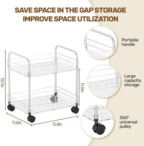 2 Tier Utility Rolling Cart with Wheels Multifunctional Storage Cart Under Desk Storage Organizer with Handle and Hooks for Home Kitchen Office Bathroom Organization Transparent - Image 3