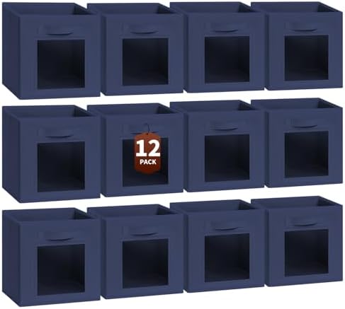 Homsorout Storage Cube 11 Inch - Cube Storage Bins with Window, Closet Storage Baskets with Handle, Fabric Bins for Closet, Shelves, Toys, Clothes, Set of 12, Navy Blue by Homsorout