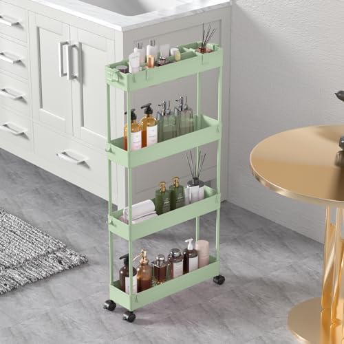 SPACELEAD Slim Storage Cart 4 Tier,Bathroom Organizer Rolling Utility,Mobile Shelving Unit Slide Out for Office, Kitchen, Laundry Room & Narrow Places，Green by Home