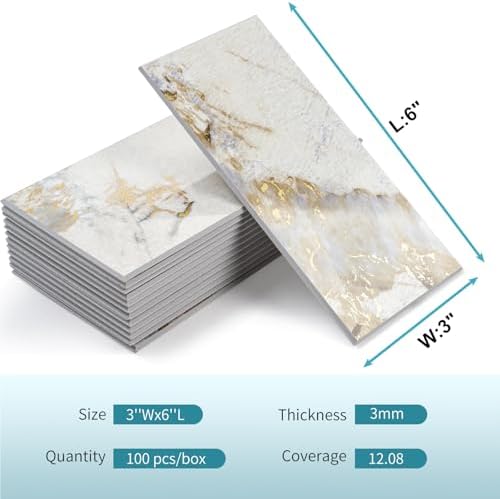 Vamos Tile 100-Piece Peel and Stick Backsplash Seamless Tile,3''x6'' Glossy Pandora Marble with Gold Veining PVC Subway Tile,Stick on Backsplash for Kitchen/Bathroom/Laundry Room - Image 2