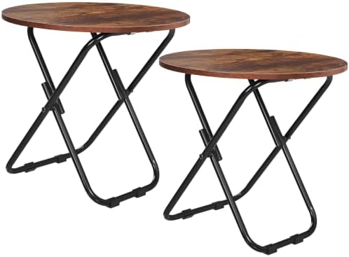 VECELO 17.7" Folding Table Set of 2, Small Round Patio Outdoor Side Table, Foldable Wooden Table with Weather Resistant Steel Frame, Patio Table for Camping Picnic Garden Living Room Bedroom by VECELO