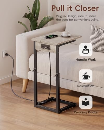 Vagusicc C Shaped End Table with Charging Station, Adjustable Height Side Table for Couch, C Table End Table Couch Table that Slide Under, Sofa Table TV Tray Arm Tables for Living Room, Bedroom, Gray - Image 5