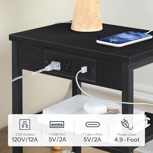HOOBRO Side Table with Charging Station and USB Port, Small End Table for Small Space, 3-Tier Nightstand with Adjustable Shelf, for Living Room, Bedroom, Black BB112BZ01 - Image 4