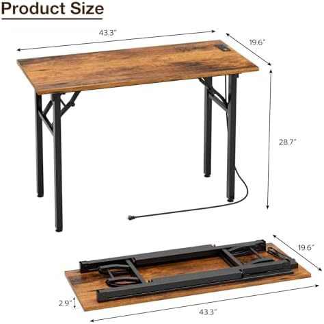 TEMI Small Computer Desk Folding Table - No Assembly, Compact 44.3" Foldable Desk with Power Outlets & USB Charging Port, Portable Small Office Desk, Ideal Mini Study Table for Narrow Spaces, Brown - Image 3
