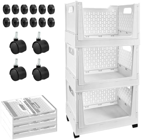 Stackable Plastic Storage Basket, 3 Pack Foldable Closet Organizers and Storage Bins with Wheels, Collapsible Drawer Shelf Storage Box Container for Office Bedroom Closet Wardrobe Kitchen Bathroom by BUZIFU