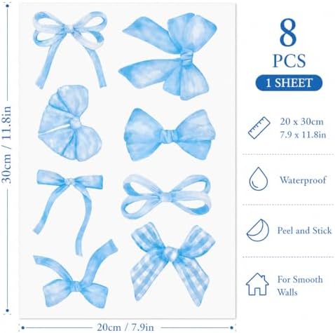 60Pcs Watercolor Bowtie Wall Stickers - Coquette Aesthetic Vinyl Decals for Room Decor in Light Pink, Sky Blue, Mint Green, Lavender Peel and Stick Nursery, Bedroom, Kindergarten Wall Art (Blue) - Image 2