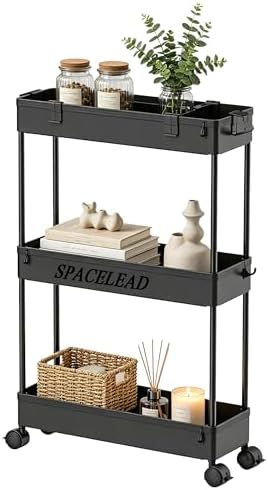 SPACELEAD Slim Storage Cart 3 Tier,Bathroom Organizer Rolling Utility,Mobile Shelving Unit Slide Out for Office, Kitchen, Laundry Room & Narrow Places,Black by Home