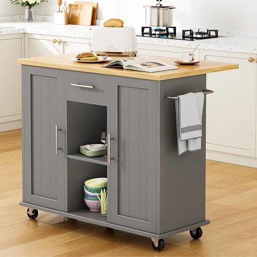 Shintenchi Kitchen Island with Storage, Bar Cart Cabinet Island Table on Wheels, Rolling Microwave Cart for Kitchen with Drop Leaf, Drawers, Towel Rack, Seating Area for Dining Room, Gray by Shintenchi%7CFurnitureMadeforRealLife