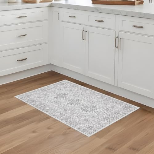 2x3 Area Rug Washable Vintage: Non Slip Throw Rugs for Entryway Floor Grey - Image 3