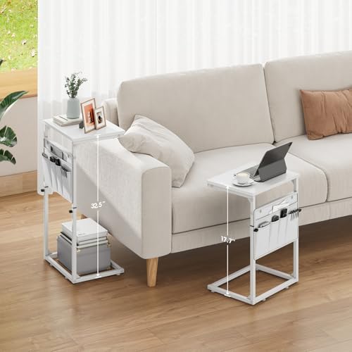 Vagusicc C Shaped End Table, 33" Tall Side Table for Couch, Adjustable Height Small Couch Side Table for Small Spaces, C Table End Table Slide Under Sofa Table TV Tray for Living Room Bedroom, White - Image 6