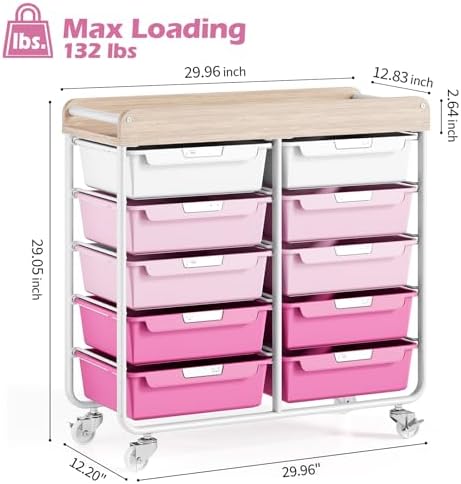 10 Drawers Rolling Cart with Wooden Tabletop, Utility Storage Cart with Wheels, Art Supply Craft Organizer on Wheel with Metal Frame & Handles for Home Office School,Pink - Image 3