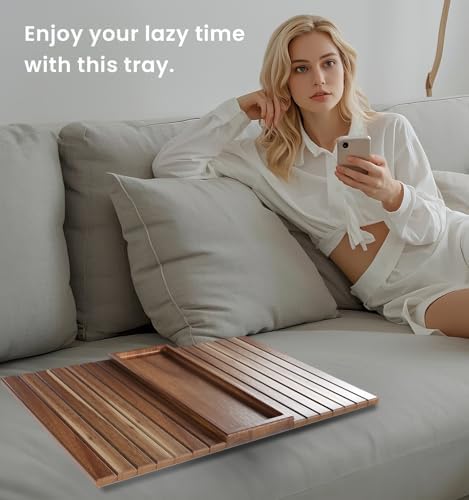 Acacia Wood Folding Sofa Arm Tray with Anti-Slip Pad - Image 5
