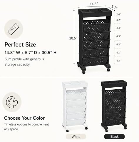 6-Tier Rolling Bookshelf Magazine Rack with Wheels Black - Image 3