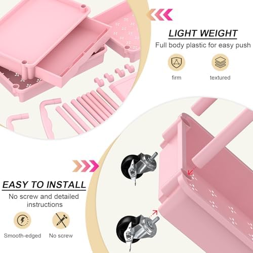 Goovilla 3 Tier Rolling Utility Cart Organizer with Removable Drawer, Pink - Image 3