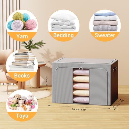 Clothes Storage Bins with Metal Frame, Foldable Clothes Organizers Storage Containers for Clothes, Sheets, Blankets, Pillows and Towels (100L, 3 Pack, Deep Grey) - Image 2