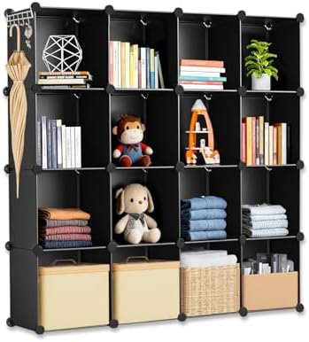 Whitmor 16 Cube Closet Organizers and Storage, Stackable Plastic Closet Shelves with Hooks & Mallet, DIY Clothes Organizer, Cube Bookshelf, Portable Storage Organizer for Bedroom, Home, Office, Black by Whitmor