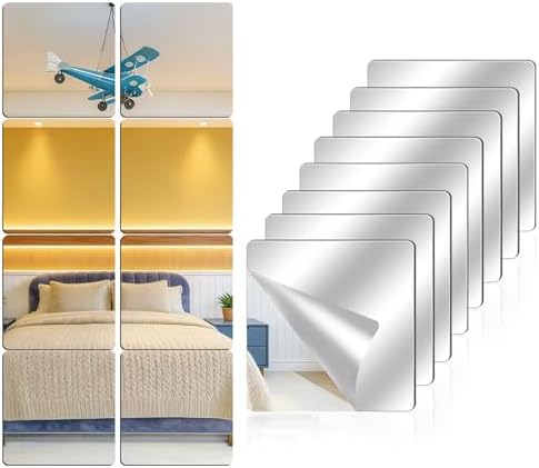 8 Pack Acrylic Mirrors for Wall,12×12 Inch Self Adhesive Frameless Small Mirror Tiles, Flexible Plastic Mirror Sheets for Bedroom Home Gym Door (8Pcs 12×12inch) by Unknown