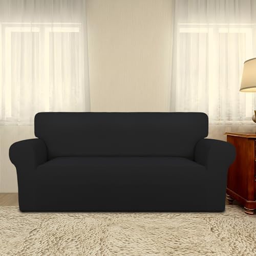 PureFit Super Stretch Sofa Slipcover – Spandex Non Slip Soft Couch Sofa Cover, Washable Furniture Protector with Non Skid Foam and Elastic Bottom for Kids, Pets (Oversized Loveseat, Black) - Image 2