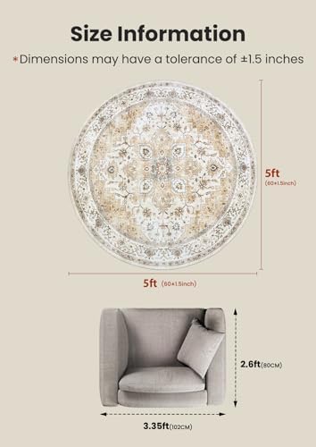 AMADA HOMEFURNISHING Round 5ft Area Rugs, Low-Profile Washable Rug with Non-Slip Backing & Durable Edge Binding, Vintage Rugs for Living Room, Bedroom, Dinning Room - Image 2