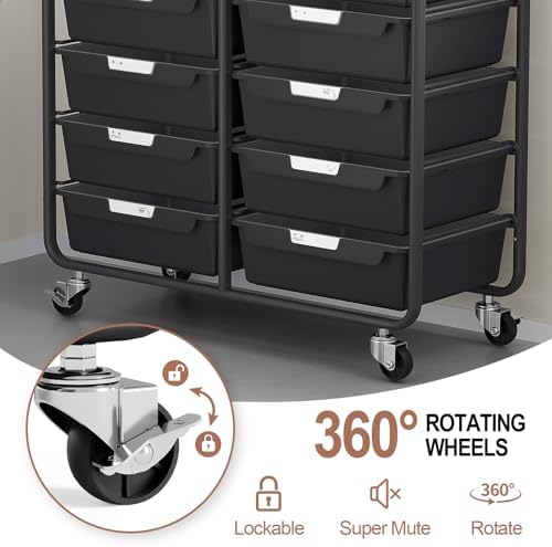 10 Drawers Rolling Cart with Wooden Tabletop, Utility Storage Cart with Wheels, Art Supply Craft Organizer on Wheel with Metal Frame & Handles for Home Office School,Black - Image 6