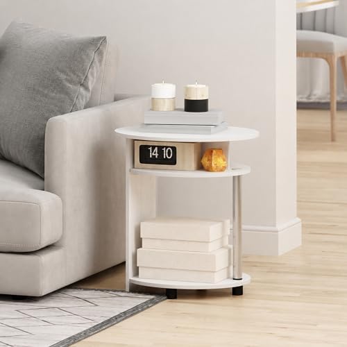 Furinno Jaya Round Side Table with Bottom Shelf, Oval 3-Tier End Table, Night Stand, Bedside Table for Living Room, Bedroom, Home Office, White Wood by Furinno-FitsYourSpaceFitsYourBudget