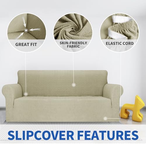 MAXIJIN Loveseat Cover Sofa Covers (55"-69"), 1-Piece Stretch Couch Covers for 2 Cushion Couch Love Seat Slipcover with Elastic Bottom for Kids,Dog (Loveseat, Diamond Pattern Khaki) - Image 3