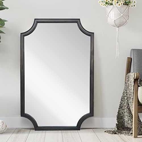 WallBeyond 24" x 36" Full Scalloped Corners Arch Rectangle Wall Mirror with Wood Frame for Entryway, Living Room or Bedroom Home Decor - Light Woodgrain [24" x 36" Black] - Image 2